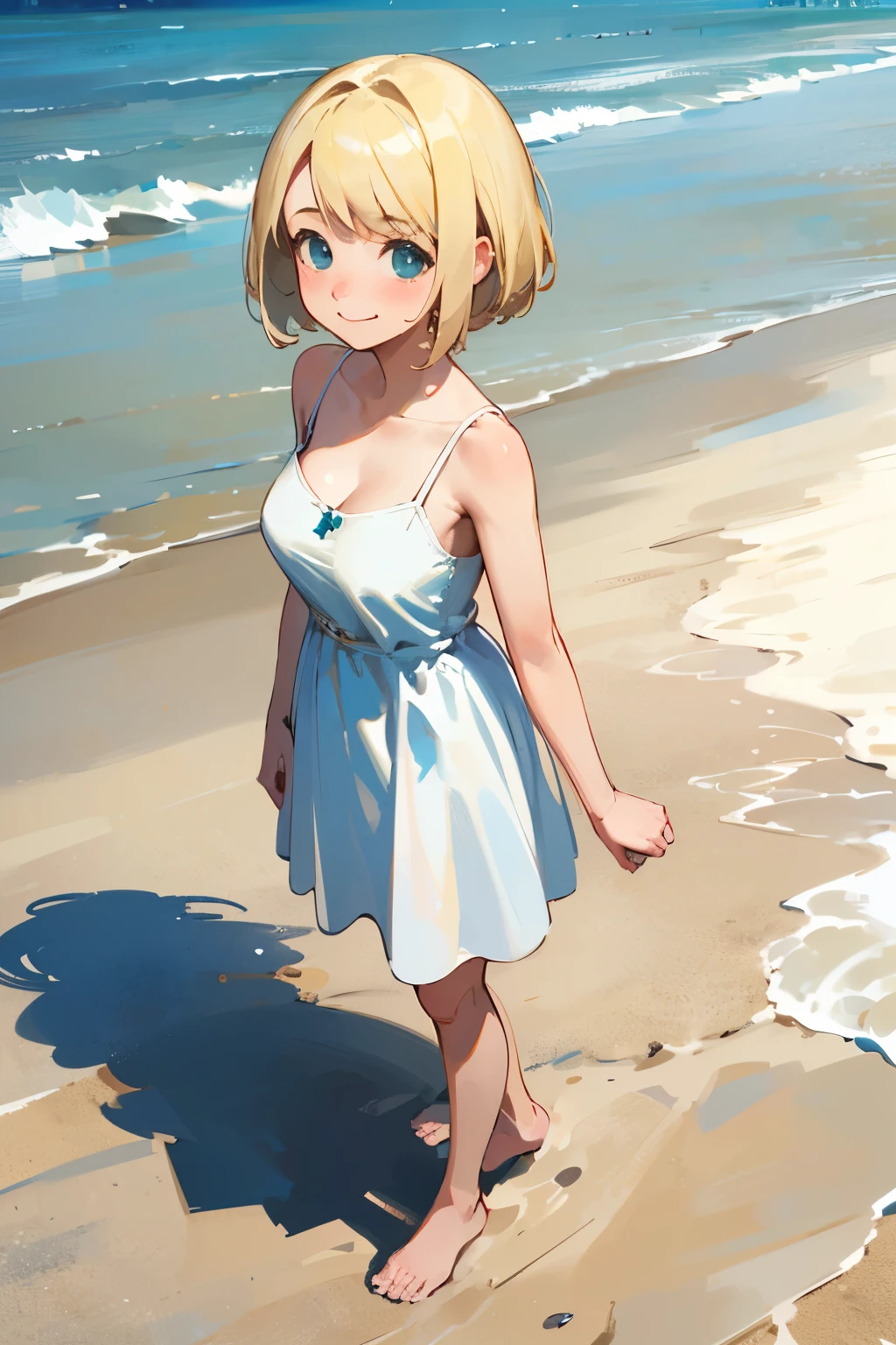 (high quality, High resolution, Very detailed, reality:1.37), Peaceful atmosphere, (Sandy Beach),  girl standing alone, (my breasts are big.), Beautiful details, Cute Smile, (Blonde Bob Hair), White camisole dress, barefoot.