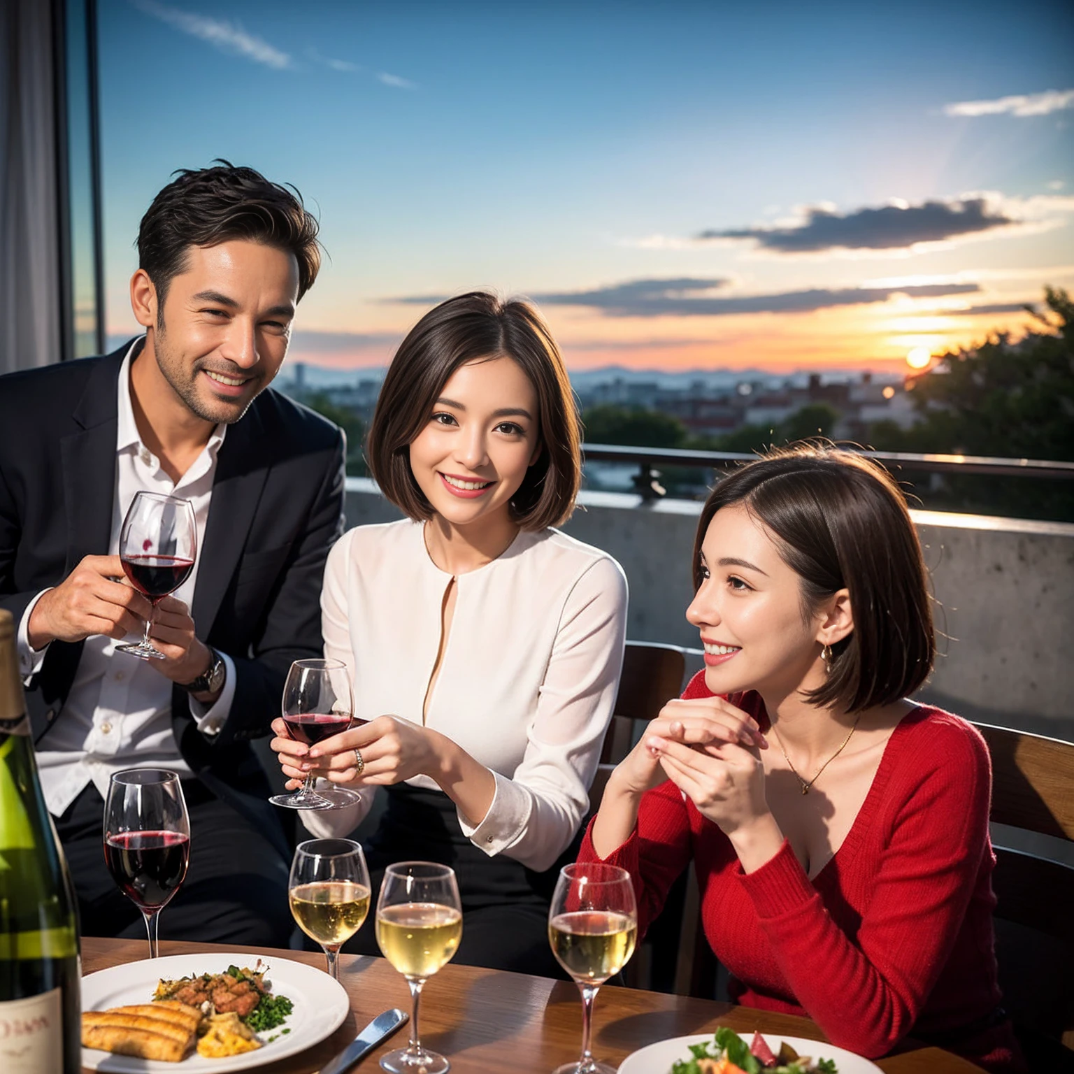 ((Highest quality、8k、masterpiece:1.3))、 (Genuineistic, Genuine、Bright image、Intricate details:1.2), 最高のsmile、1 male,1 female、Beautiful couple、spouse、fiancee、Good friends、actress couple、smile、Full-course dinner at a packed table、 (Slim face), (the body is slim), (Brown Hair), (short hair), テーブルのwine glass、Please shine a light on my face、 Amazing view of the sunset sky and clouds、 (42 years old)38 years old, red wine 、Appetizers、Wine bottle、sparkling wine、Long sleeve shirt、dress、White wine, red wine, wine glass,