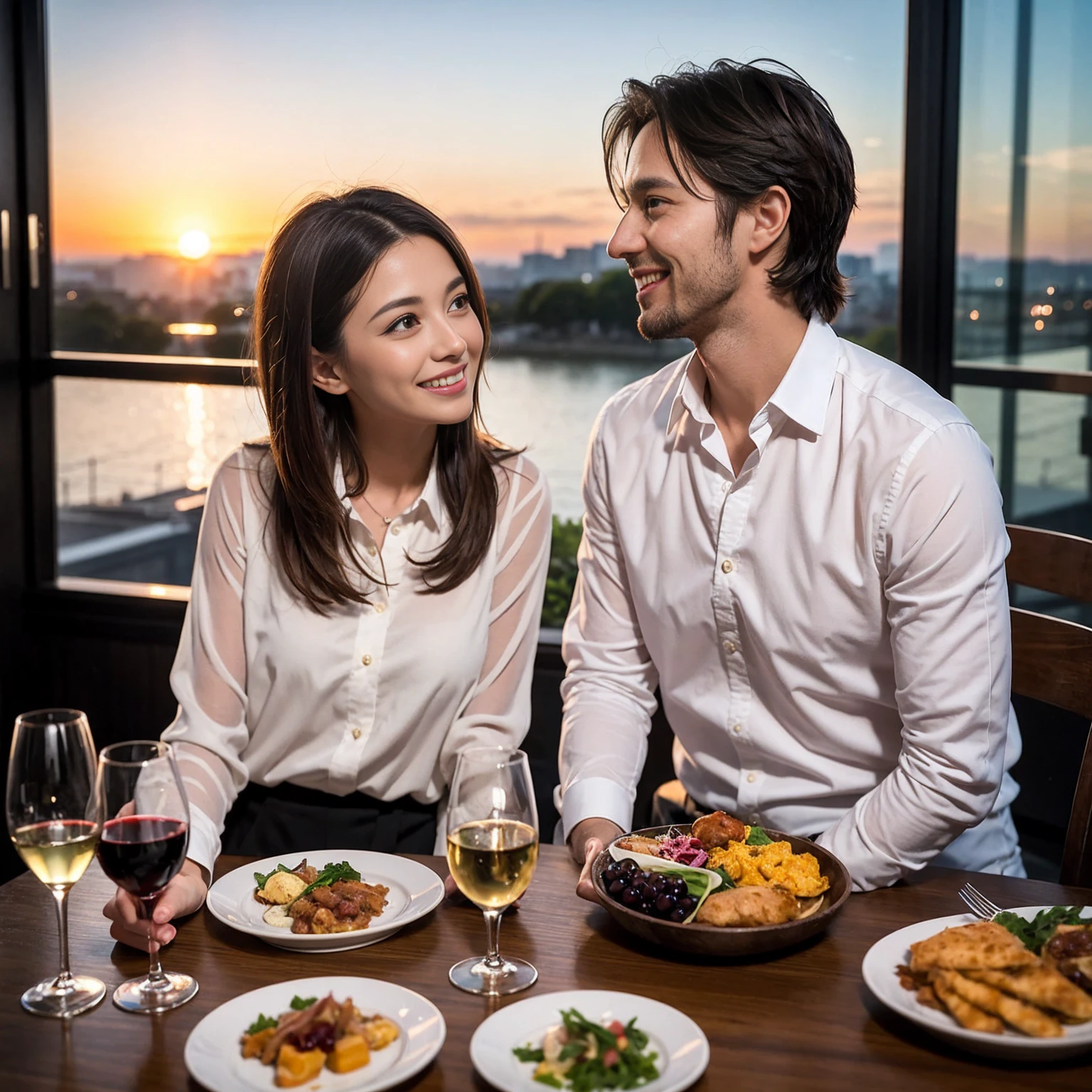 ((Highest quality、8k、masterpiece:1.3))、 (Genuineistic, Genuine、Bright image、Intricate details:1.2), 最高のsmile、1 male,1 female、Beautiful couple、spouse、fiancee、Good friends、actress couple、smile、Full-course dinner at a packed table、 (Slim face), (the body is slim), (Brown Hair), (short hair), テーブルのwine glass、Please shine a light on my face、 Amazing view of the sunset sky and clouds、 (42 years old)38 years old, red wine 、Appetizers、Wine bottle、sparkling wine、Long sleeve shirt、dress、White wine, red wine, wine glass,