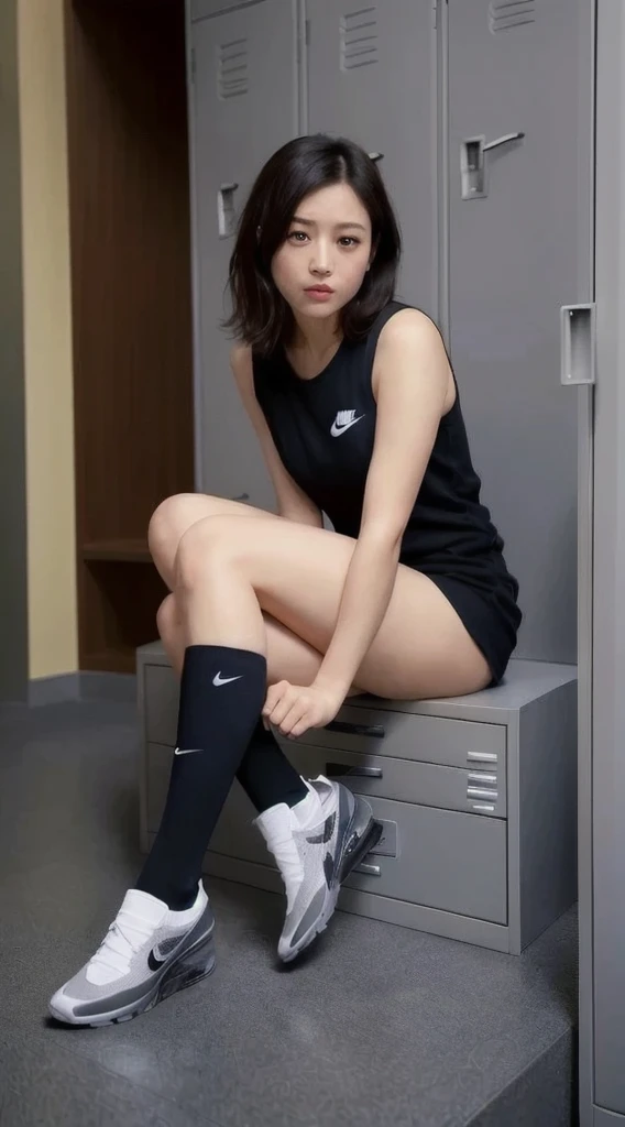 White socks、Beautiful legs、I&#39;m wearing Nike socks。The socks are white thigh-high socks with the Nike logo.。
