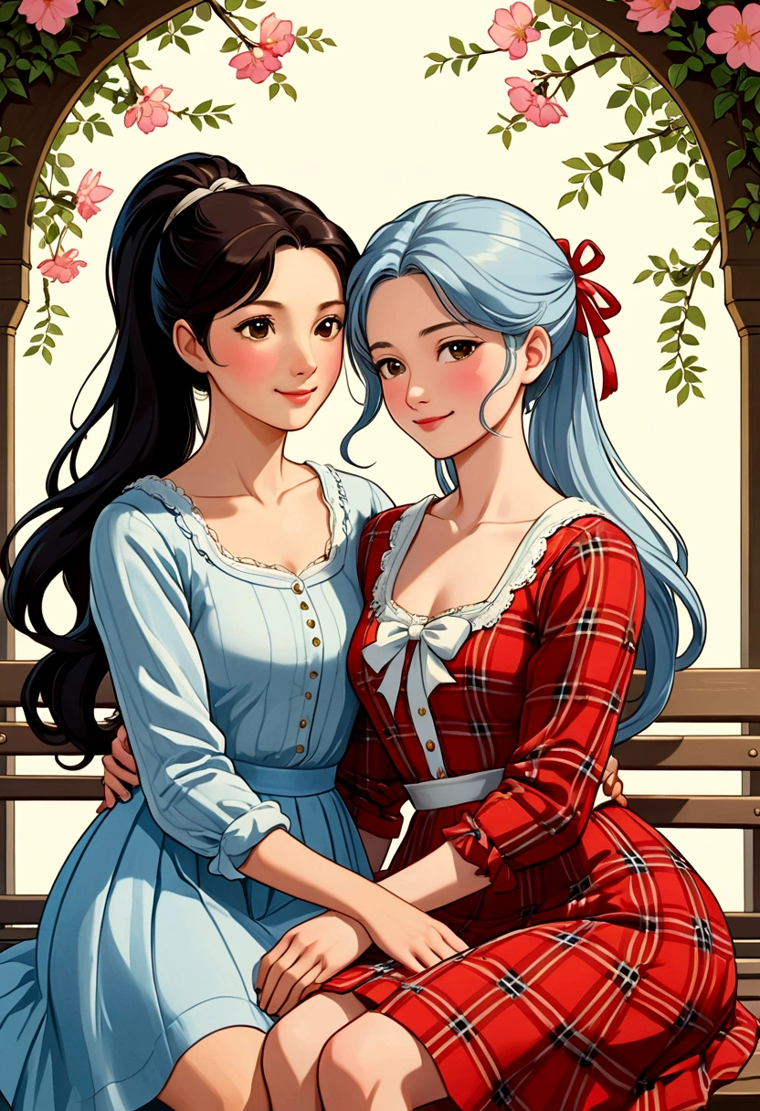 Name "The Loyal Pin (Sarocha Chankimha & Rebecca Armstrong) in an elegant and dynamic metallic gold font to an idyllic image anime illustration style of two beautiful women in love, one is a beautiful Asian woman with fine and delicate features, long dark hair, dressed in A beautiful and simple white dress with a print of delicate pink and red flowers, she is lying on a bench and has her head resting on the lap of another beautiful woman with British features who is dressed in a plaid shirt in red, light blue and She wears a white skirt, a light blue skirt, her hair is combed with a ponytail and a white ribbon, and she tenderly and delicately holds the other woman's head. Both, happy and smiling, look at each other tenderly, giving the image an aura of intimacy. and complicity.
The image also reads the phrase "I miss you with all my heart." in a delicate and dynamic metallic gold font.