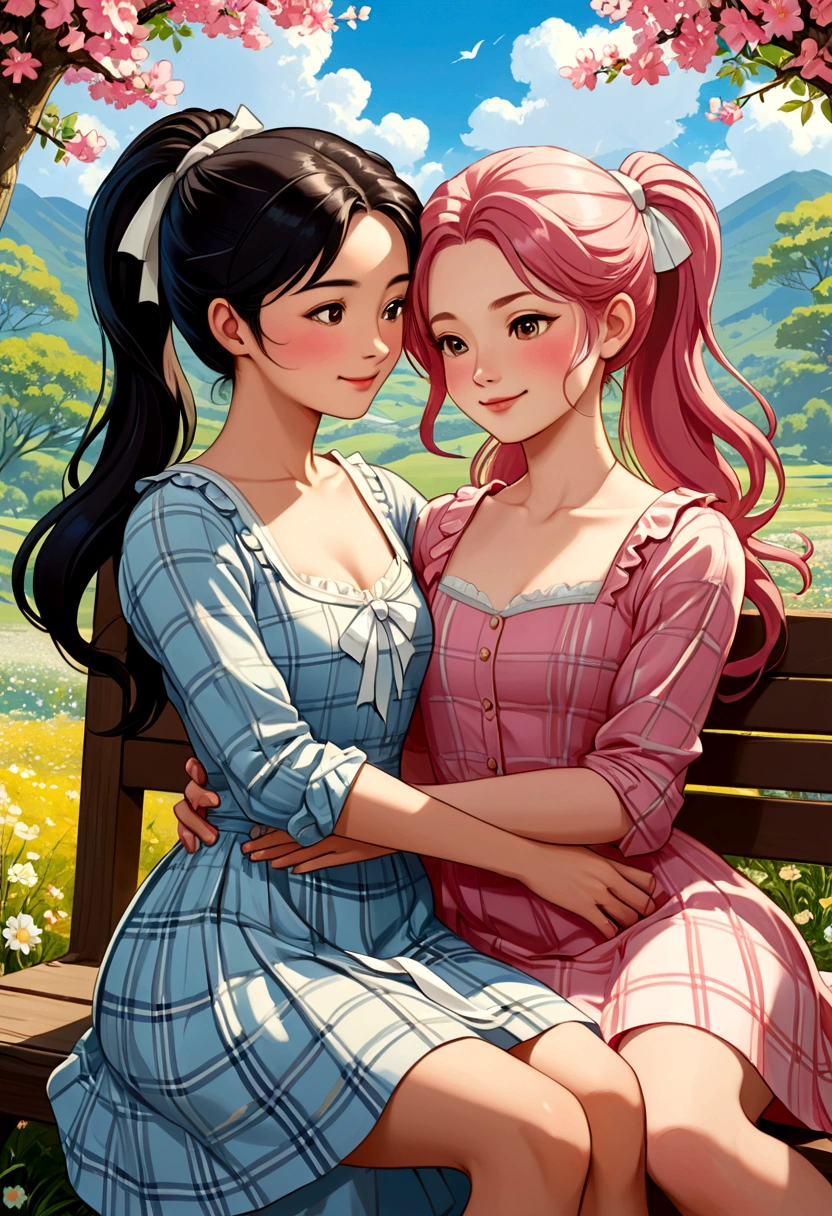 Name "The Loyal Pin (Sarocha Chankimha & Rebecca Armstrong) in an elegant and dynamic metallic gold font to an idyllic image anime illustration style of two beautiful women in love, one is a beautiful Asian woman with fine and delicate features, long dark hair, dressed in A beautiful and simple white dress with a print of delicate pink and red flowers, she is lying on a bench and has her head resting on the lap of another beautiful woman with British features who is dressed in a plaid shirt in red, light blue and She wears a white skirt, a light blue skirt, her hair is combed with a ponytail and a white ribbon, and she tenderly and delicately holds the other woman's head. Both, happy and smiling, look at each other tenderly, giving the image an aura of intimacy. and complicity.
The image also reads the phrase "I miss you with all my heart." in a delicate and dynamic metallic gold font.