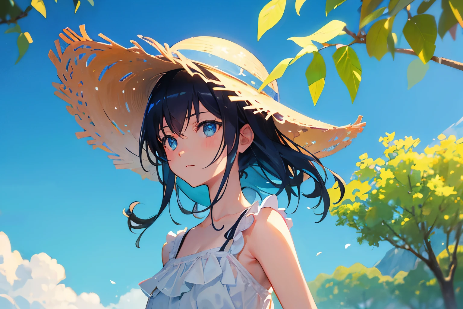 Create exquisite illustrations reminiscent of Makoto Shinkai's style, It has ultra-fine details and top-notch quality. Generate a high-quality illustration depicting a scene of summer where a beautiful girl's hair is blowing in the wind. Ensure that the overall composition exudes a sense of nostalgia and fantasy, with intricate details capturing the essence of a nostalgic summer day. Pay attention to elements such as the gentle breeze ruffling the girl's hair, the warm sunlight casting dappled shadows, and the serene expression on the girl's face as she enjoys the tranquility of the moment. Aim for a finely crafted artwork that transports viewers to a nostalgic and whimsical summer scene. best quality, masterpiece