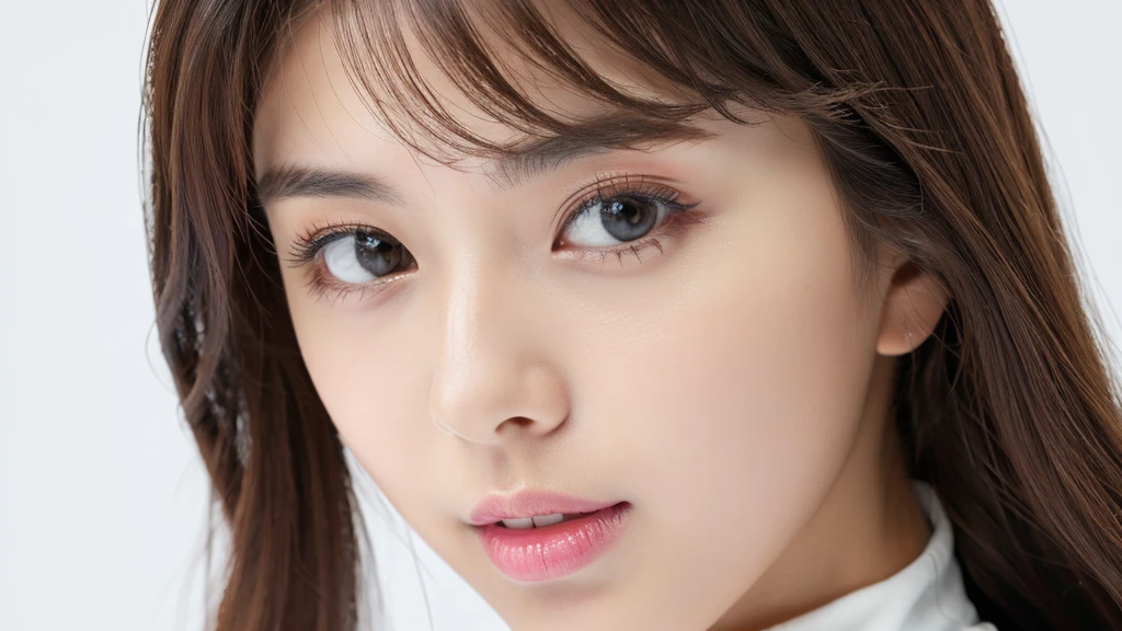 (detailed face),VIVID,breasts,pretty,sleeveless and turtle neck white silky clothes,4k ,super high resolution ,(photo-realistic: 1.7),white background,long hair,