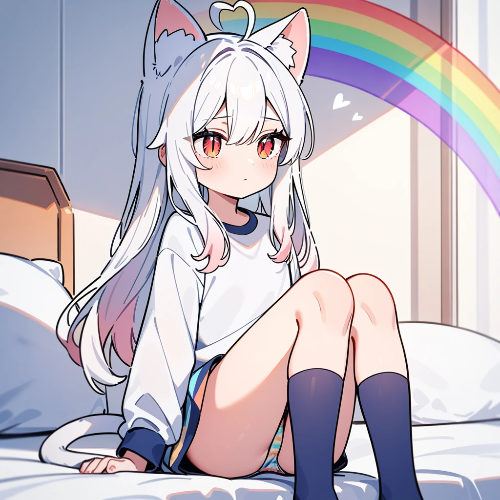 （masterpiece：1.2，high quality），8K，High resolution，A -year-girl，e girl，white hair，long hair，red eyes，slit pupils，heart ahoge，cat ears，expressionless eyes，Wearing a white shirt，no shorts，Rainbow patterned panties，Sitting on the bed，There are flowering trees on both sides.，primary schoBlue socks，cat tail，alone，Put your hands behind your head