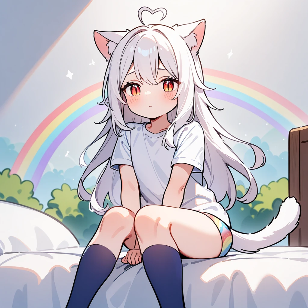 （masterpiece：1.2，high quality），8K，High resolution，A seven-year-old girl，cute girl，white hair，long hair，red eyes，slit pupils，heart ahoge，cat ears，expressionless eyes，Wearing a white shirt，no shorts，Rainbow patterned panties，Sitting on the bed，There are flowering trees on both sides.，primary school student，thigh，Calf，Blue socks，cat tail，alone，Put your hands behind your head