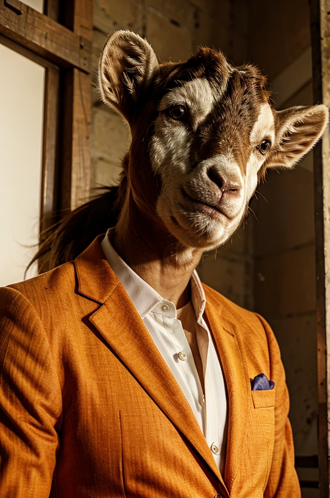 Goat with orange blazer look on camera