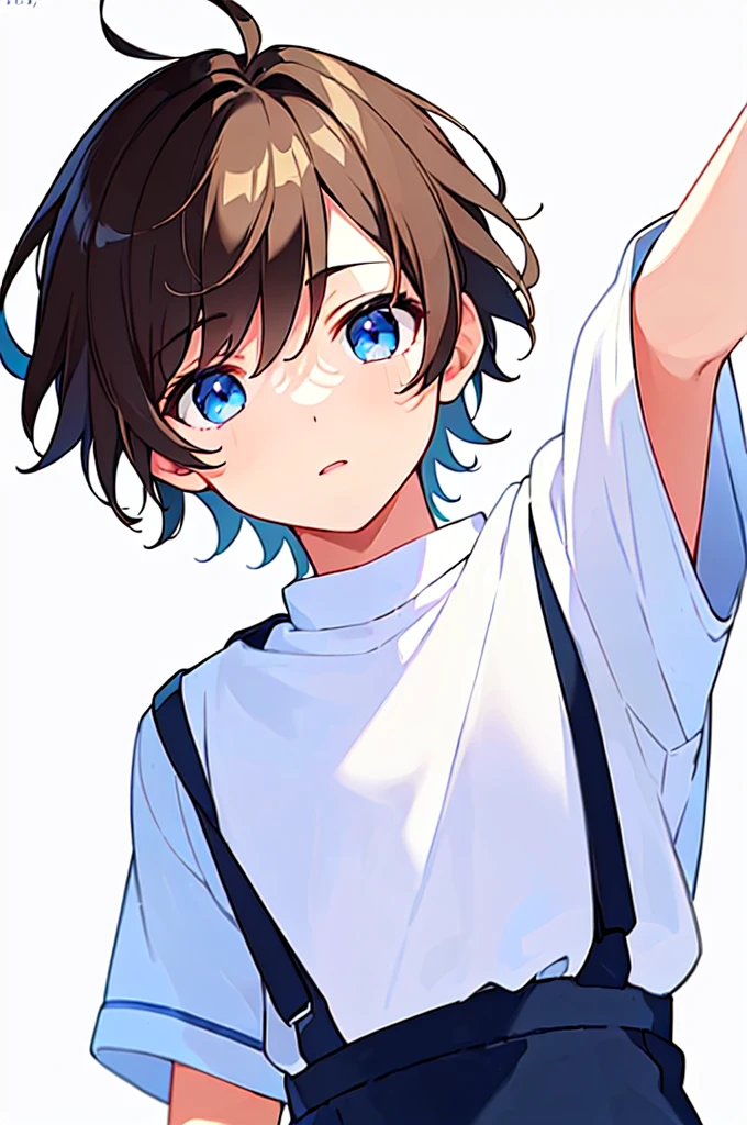 [(WHITE BACKGROUND:1.5),::5], (((masterpiece))), high quality, very_high_resolution, large_filesize, full color, Solo, (1 little boy), 13 old year, (men's short brown hair), vivid color, Blue eye, summer clothes, upper body, anime style