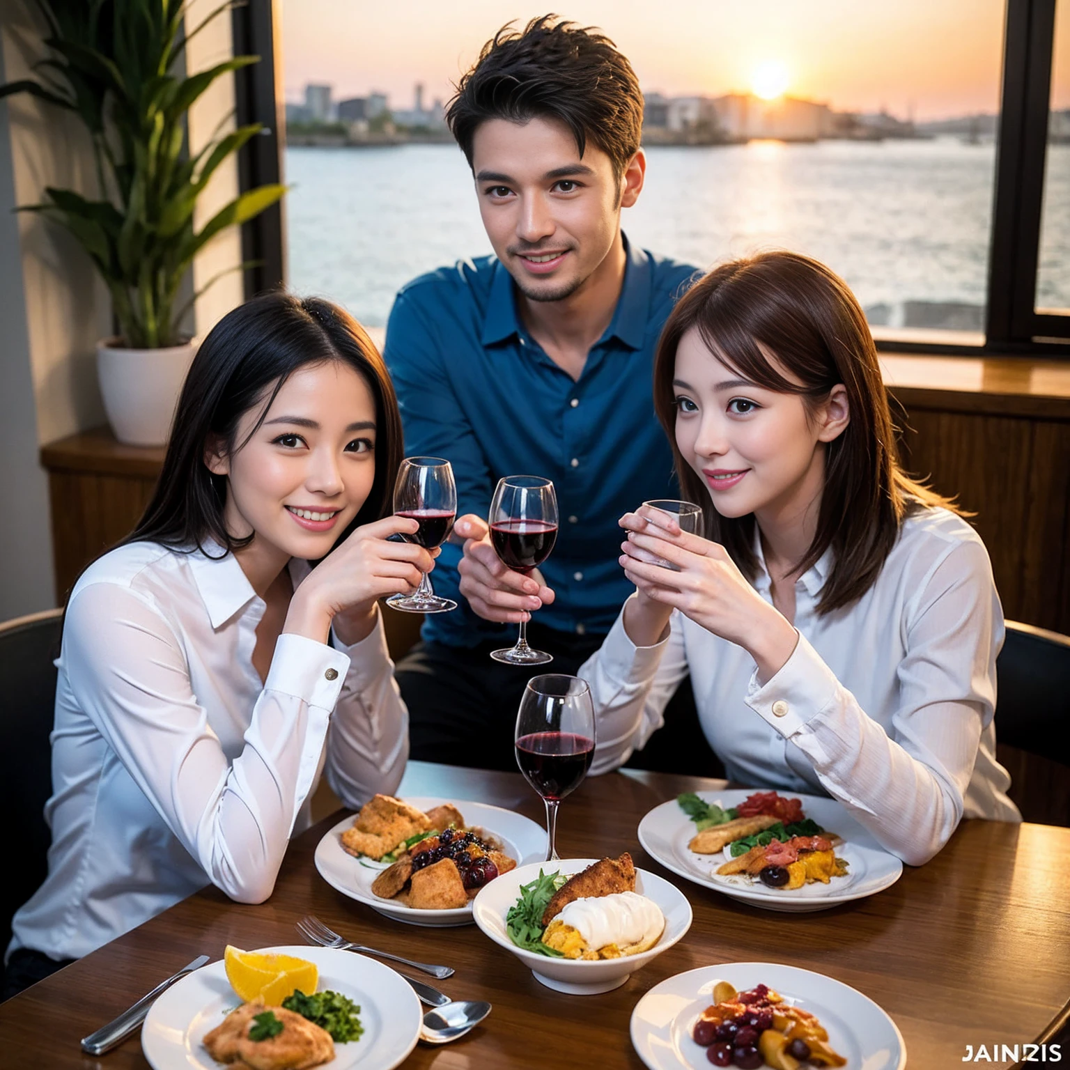 ((Highest quality、8k、masterpiece:1.3))、 (Genuineistic, Genuine、Bright image、Intricate details:1.2), 最高のsmile、1 male, 1 female、Beautiful couple、Satomi Ishihara-like lover、Good friends、actress couple、smile、Full-course dinner at a packed table、 (Slim face), (the body is slim), (Brown Hair), (short hair), テーブルのwine glass、Please shine a light on my face、 Amazing view of the sunset sky and clouds、 (36 years old)38 years old, red wine 、Appetizers、Wine bottle、sparkling wine、Long sleeve shirt、dress、White wine, red wine, wine glass, 