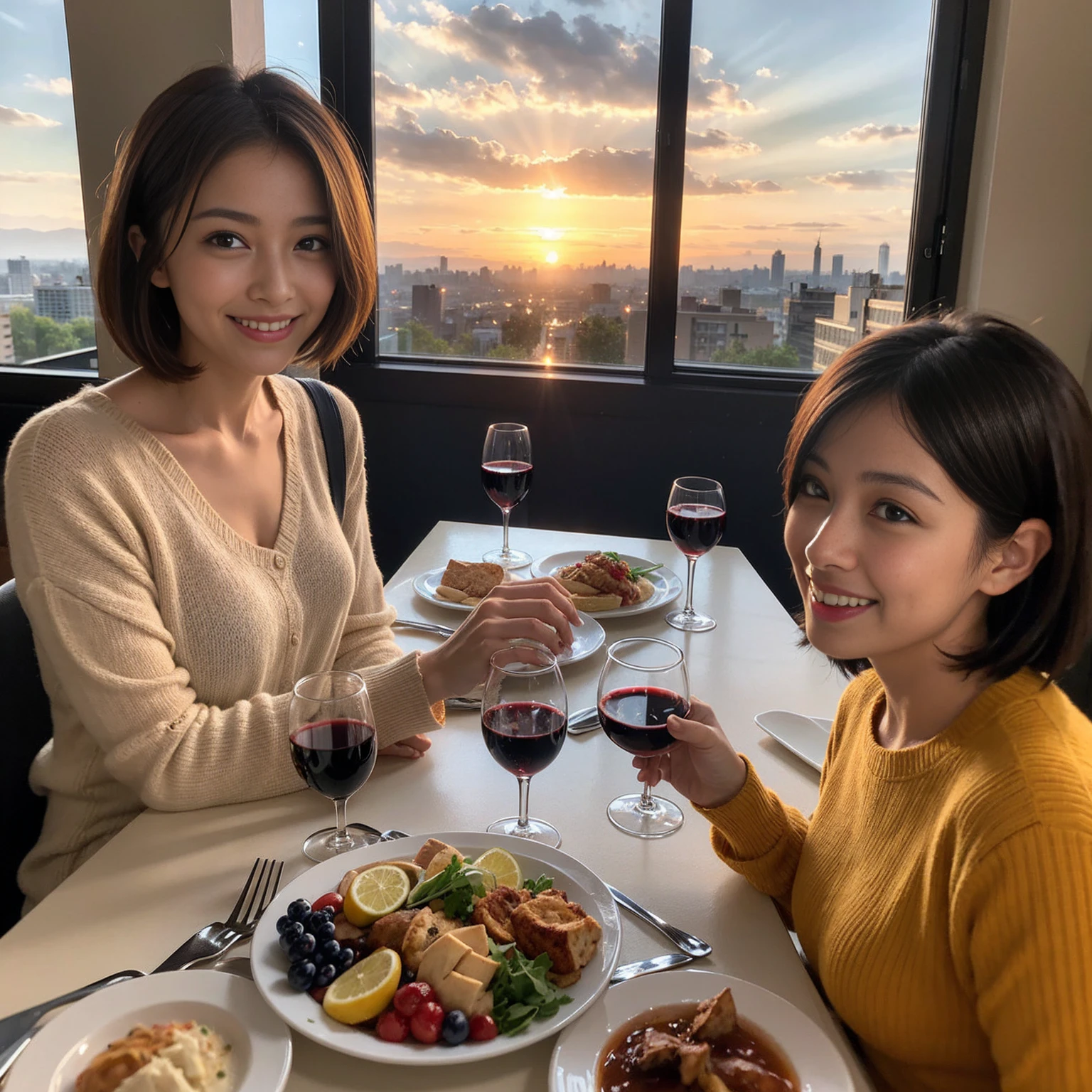 ((Highest quality、8k、masterpiece:1.3))、 (Genuineistic, Genuine、Bright image、Intricate details:1.2), 最高のsmile、1 male, 1 female、Beautiful couple、Satomi Ishihara-like lover、Good friends、actress couple、smile、Full-course dinner at a packed table、 (Slim face), (the body is slim), (Brown Hair), (short hair), テーブルのwine glass、Please shine a light on my face、 Amazing view of the sunset sky and clouds、 (36 years old)38 years old, red wine 、Appetizers、Wine bottle、sparkling wine、Long sleeve shirt、dress、White wine, red wine, wine glass,