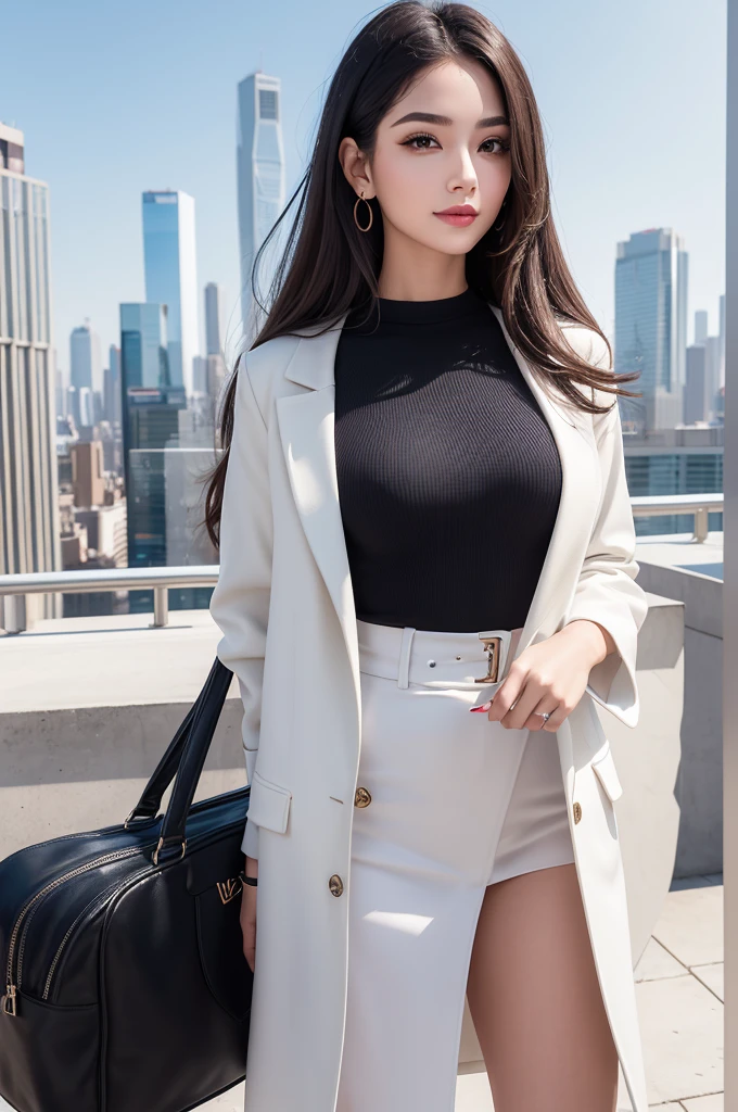 "Develop a digital image of a young and modern influencer. She should have delicate facial features, long and well-groomed hair, and a warm, expressive smile. Her fashion style is contemporary and vibrant, with elegant clothing and modern accessories. The influencer is depicted in a sophisticated urban setting, with a cityscape in the background, highlighting her magnetic presence and unique charisma. The image should convey a sense of confidence, glamour, and a captivating personality that instantly grabs attention."