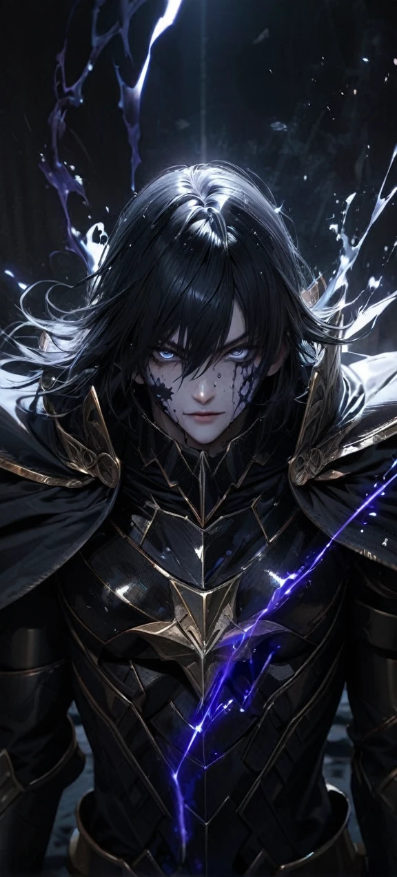  High quality, ultra realistic,absurdres, highres, ultra detailed, HDR, masterpiece, extremely detailed face and eyes,  Sagitarius Seiya, Saint Saiya , Dark Armor, solo, ,man, handsome, ,white eyeleshes, black eyes , villain expresion, black splashing effect, dark black lightning  effect,glowing glitters , symetrical , black aura