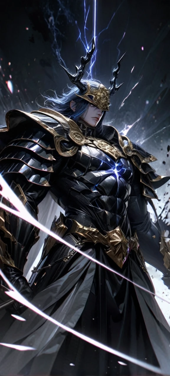 High quality, ultra realistic,absurdres, highres, ultra detailed, HDR, masterpiece, extremely detailed face and eyes, Sagitarius Seiya, Saint Saiya , Dark Armor, solo, ,man, handsome, ,white eyeleshes, black eyes , villain expresion, black splashing effect, dark black lightning effect,glowing glitters , symetrical , black aura