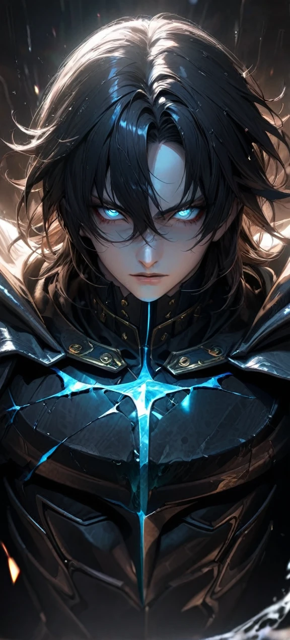  High quality, ultra realistic,absurdres, highres, ultra detailed, HDR, masterpiece, extremely detailed face and eyes,  Sagitarius Seiya, Saint Saiya , Dark Armor, solo, ,man, handsome, ,white eyeleshes, black eyes , villain expresion, black splashing effect, dark black lightning  effect,glowing glitters , symetrical , black aura