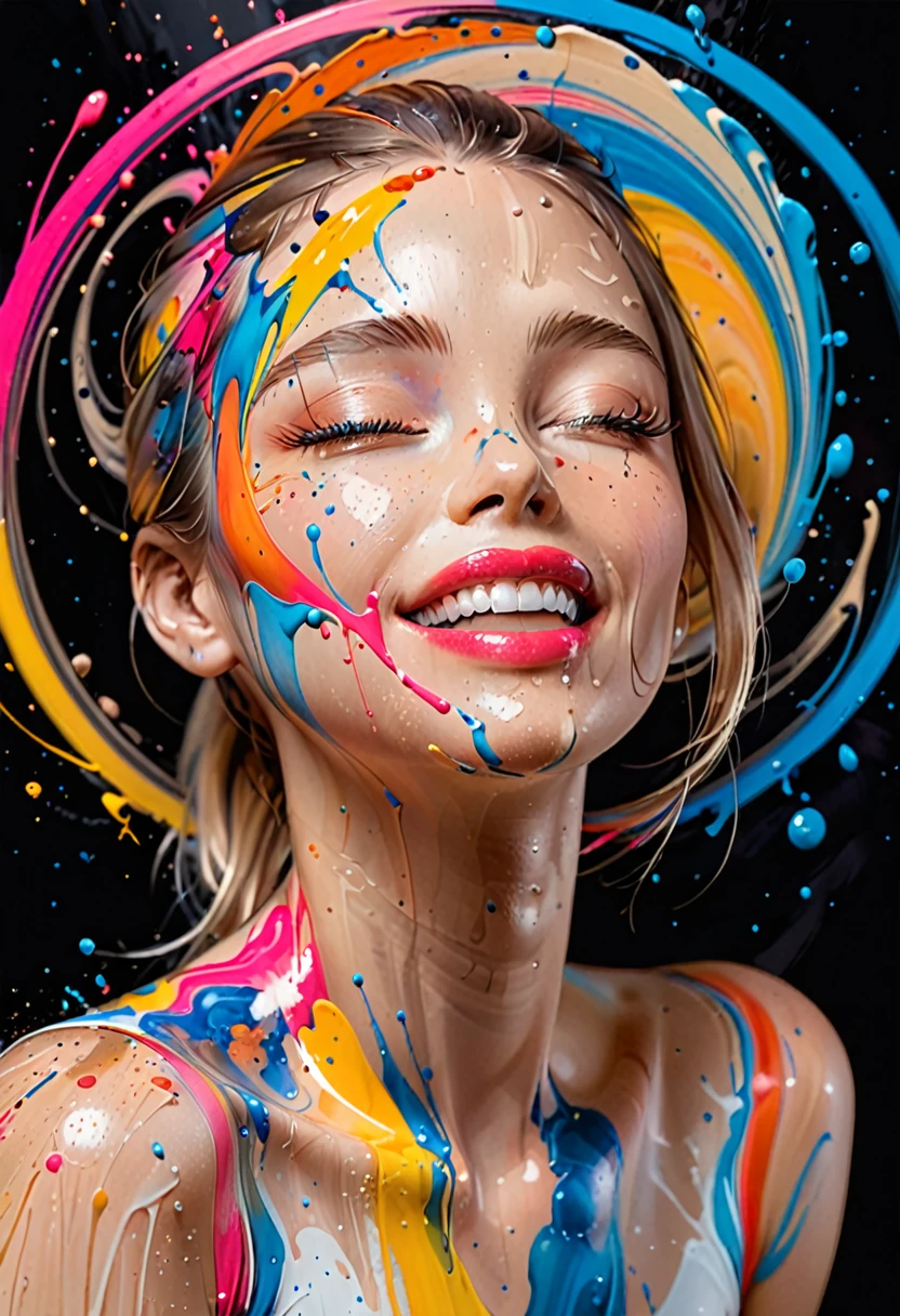 Photo realistic portrait lady smile splashes of color spinning in circles like Jupiter. cores espetaculares,fundo preto escuro