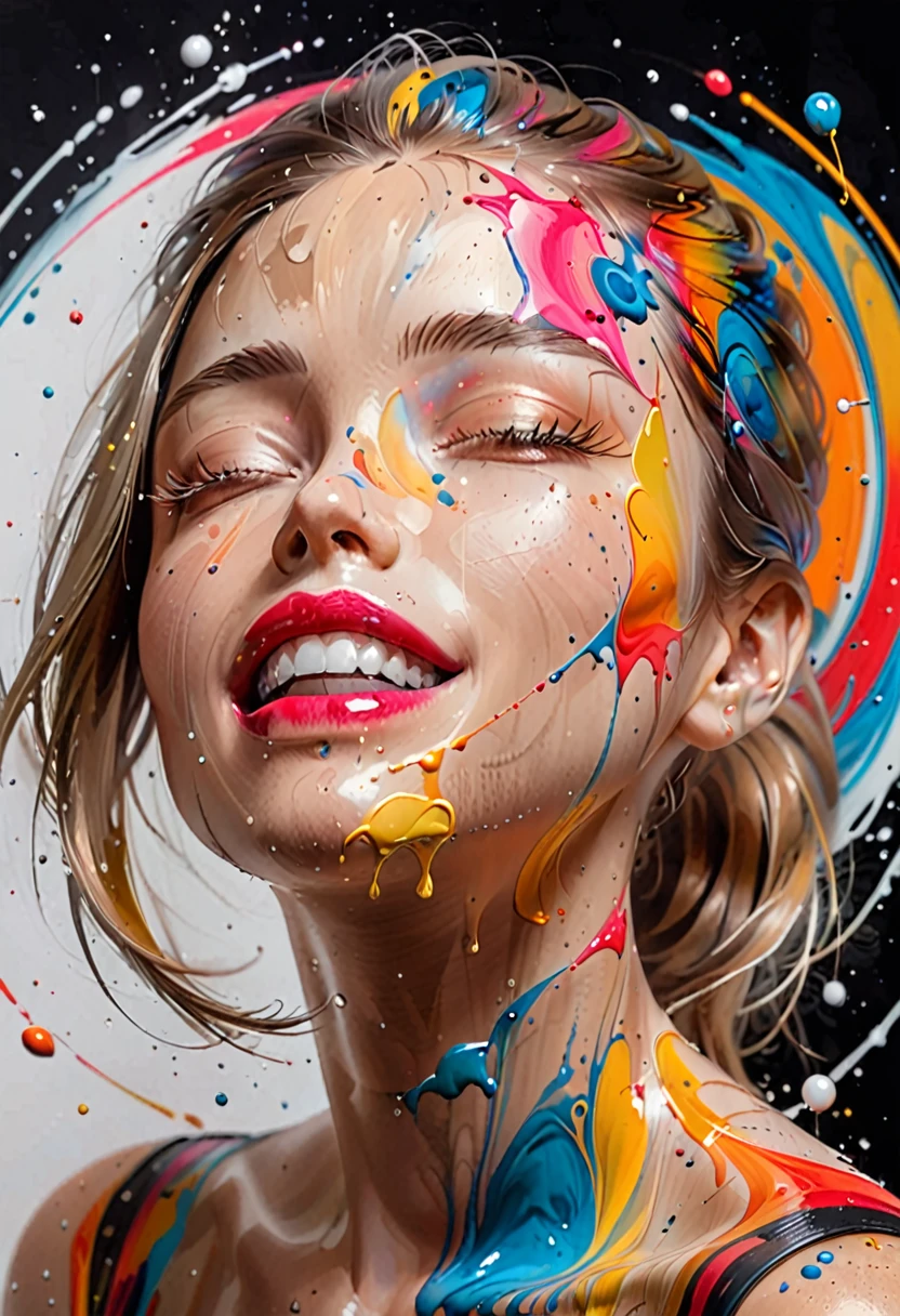 Photo realistic portrait lady smile splashes of color spinning in circles like Jupiter. cores espetaculares,fundo preto escuro