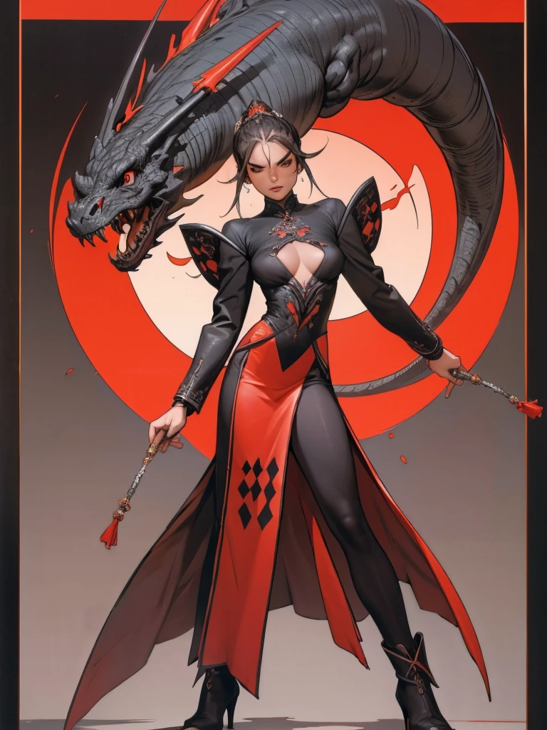 (((red checkered pattern, branco e preto))), The most powerful girl on the planet with an aggressive evil dragon outfit, arms with scale textures, fogo saindo dos cabelos longos, dragon claws for hands. Agilidade, pose de lutadora, expression of hatred on the face, melhor qualidade, high resolution, action pose, corpo inteiro, cabelo vermelho