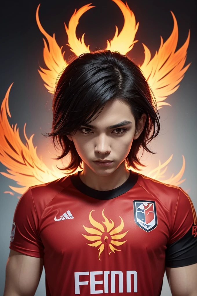 Make a futsal shirt whose name is fenix The shirt would be predominantly red, symbolizing the fire and rebirth of the phoenix. The team's shield would have a stylized representation of a burning phoenix, talvez com asas estendidas. O nome "Phoenix" estaria escrito em letras amarelas ou douradas na parte da frente da camisa, with a modern and athletic design. Nas costas da camisa, player numbers would be in white or black for contrast.
