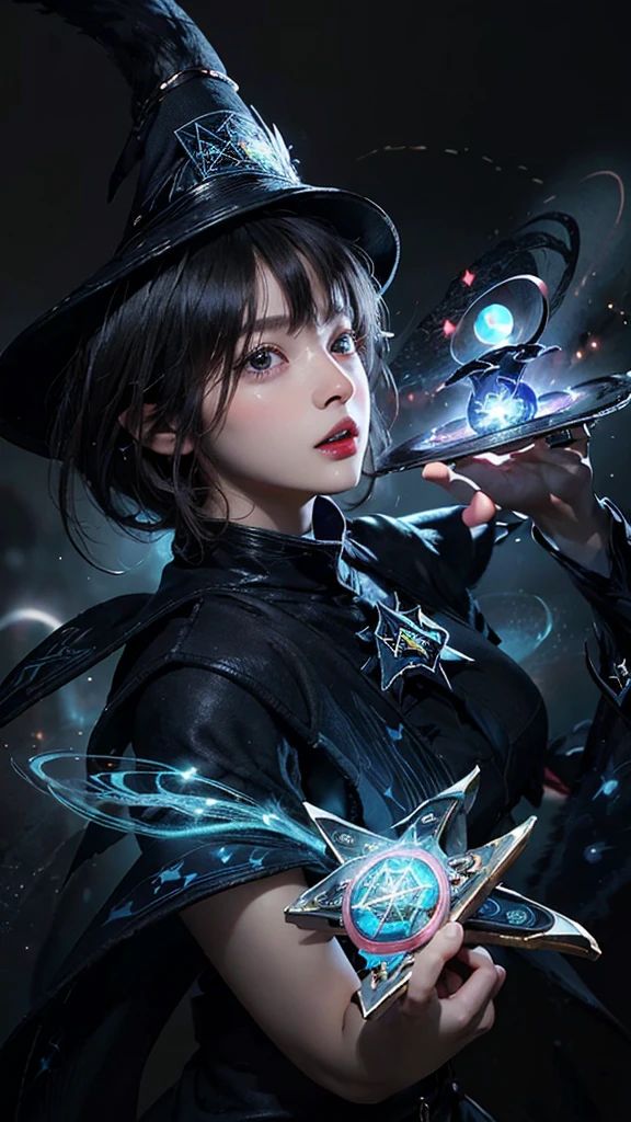 (Highest quality, masterpiece:1.3), shape, ((Beautifully detailed face)), Beautiful and detailed skin, Intricate details, Very detailed, Best image quality in 8K,Fantasy,A world of swords and magic,ファイナルFantasy,(Black Mage:1.6),Mysterious,The Power of Mystique,Magical Power, (18-year-old female:) (Large Breasts),Japanese girl,,(Detailed Hair,Bobcut:1.6,Black Hair),Detailed lips,Open your mouth,blush,Embarrassing,(whole body:1.8), (Castle),Realistic Face,Realistic Skin,(Vibrant Skin),Vivid lips,Lip gloss