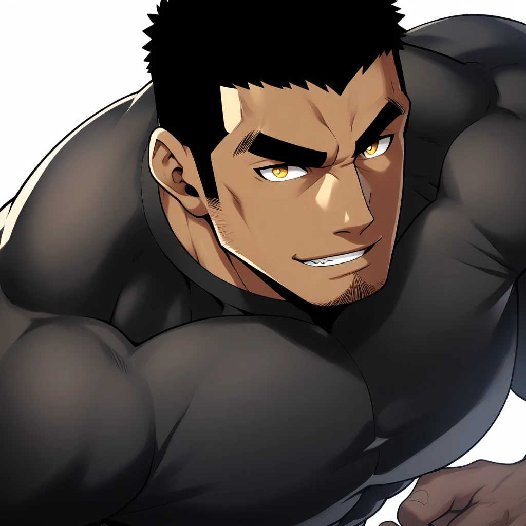 negro, negro, negro, anime characters：Gyee, Muscle Sports Student, negro black skin, Very Black, 1 muscular tough guy, Manliness, male focus, Dark grey and Yellow long sleeve tights, Regular symmetrical pattern, Very tight, The pectoral muscles are oversized, Slightly transparent, muscular male, muscular, only, Upper body, alone, Black short hair, Thick eyebrows, stubble, Yellow eyes, White background, simple background, amazing quality, best aesthetics, Ridiculous, bright pupils, crew cut, parted lips, seductive smile, torogao, naughty face, best quality