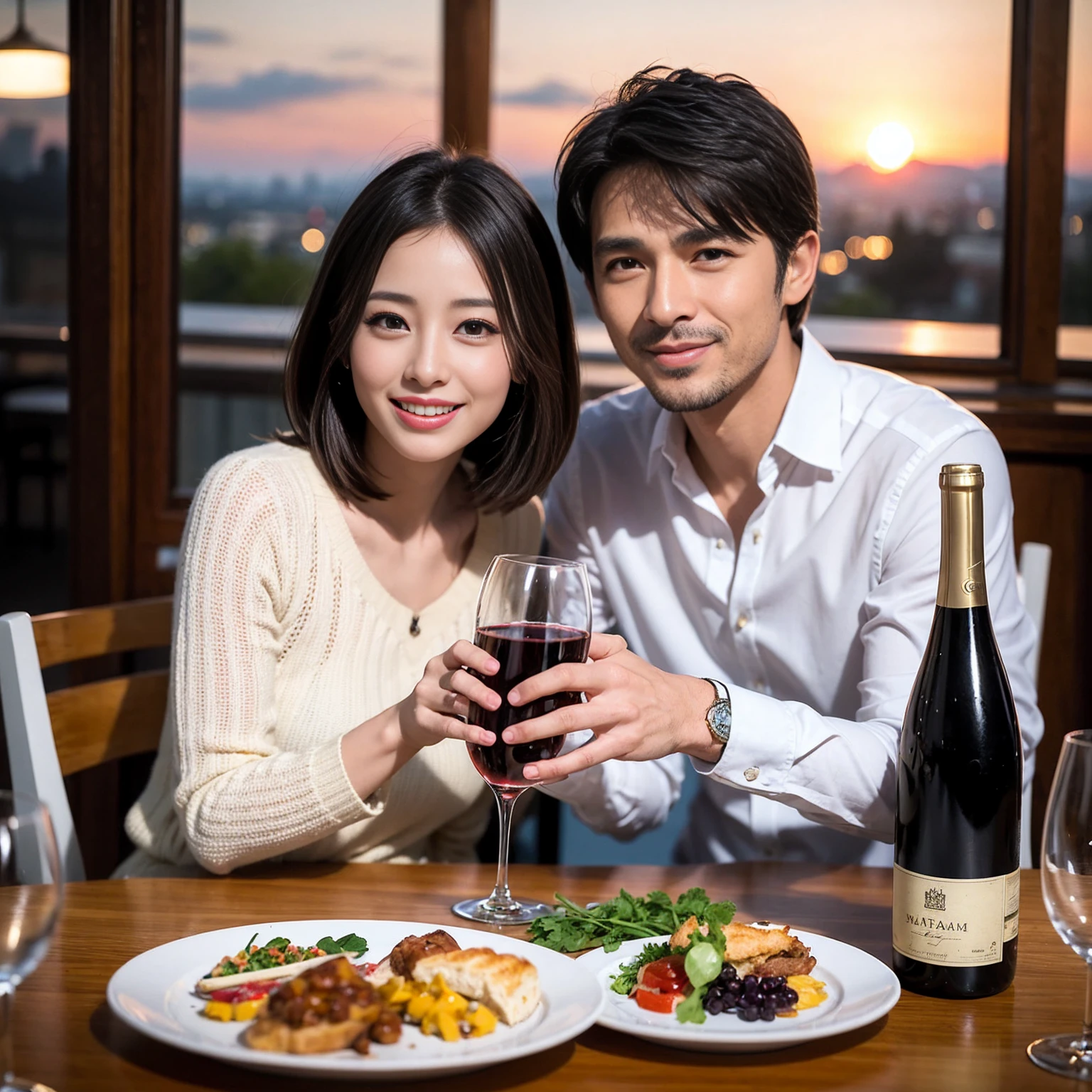 ((Highest quality、8k、masterpiece:1.3))、 (Genuineistic, Genuine、Bright image、Intricate details:1.2), 最高のsmile、1 male, 1 female、Beautiful couple、Satomi Ishihara-like lover、Good friends、actress couple、smile、Full-course dinner at a packed table、 (Slim face), (the body is slim), (Brown Hair), (short hair), テーブルのwine glass、Please shine a light on my face、 Amazing view of the sunset sky and clouds、 (36 years old)38 years old, red wine 、Appetizers、Wine bottle、sparkling wine、Long sleeve shirt、dress、White wine, red wine, wine glass,