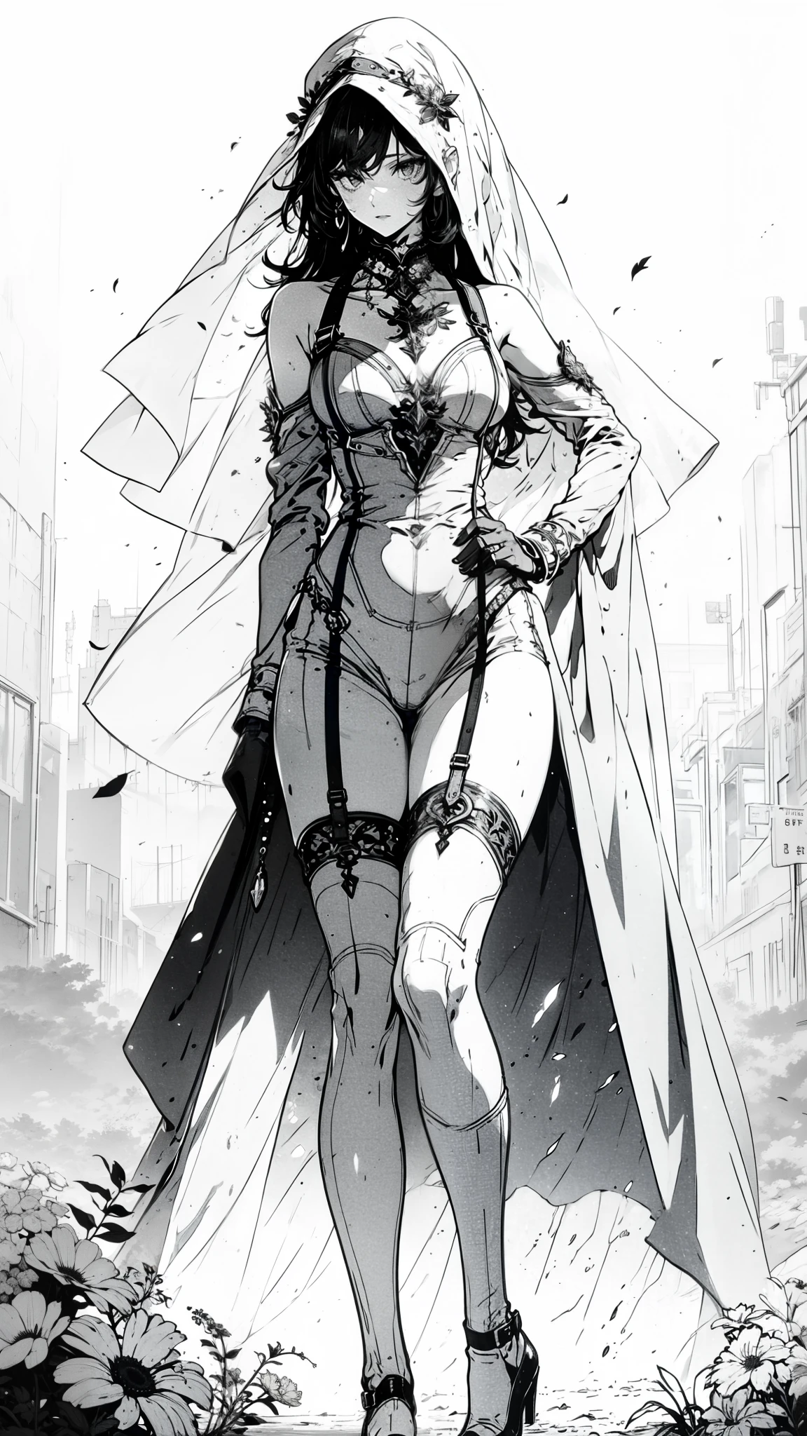 young woman, succubus, stockings with suspenders, playful look, long sleeves, bare shoulders, hat with veil, high heels, vintage, sniffs flower, ray tracing, (best quality, 8k, ultra-detailed, photorealistic, highly detailed, masterpiece:1.2), intricate details, porcelain skin, seductive expression, dramatic lighting, moody color palette, atmospheric environment, cinematic composition