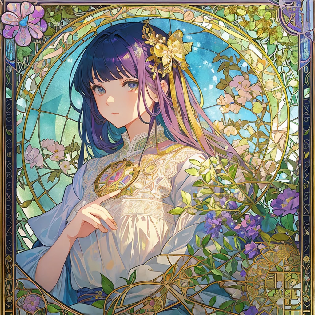 (((1 girl ))), masterpiece, highest quality, beautifully、aesthetic: 1.2, gem, Quality lace, Detailed frame, Flowers, leaf, A beautiful girl fits into the frame, Alphonse Mucha Style, Transparent and beautiful stained glass background,  rainbow colorful hair, Jewelry, hair ornaments, platinum, from front