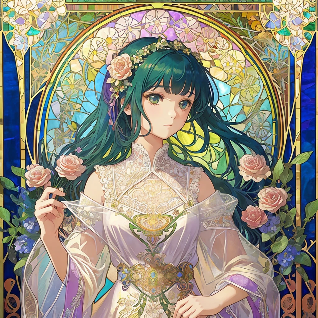 (((1 girl ))), masterpiece, highest quality, beautifully、aesthetic: 1.2, gem, Quality lace, Detailed frame, Flowers, leaf, A beautiful girl fits into the frame, Alphonse Mucha Style, Transparent and beautiful stained glass background, rainbow colorful hair, Jewelry, hair ornaments, platinum, from front