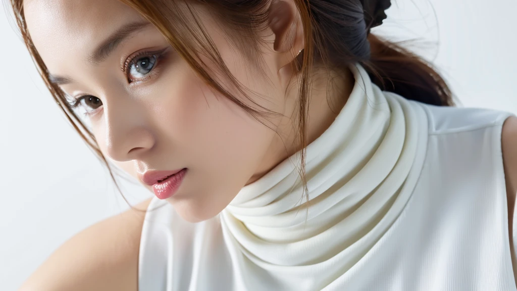 (detailed face),VIVID,breasts,pretty,sleeveless and turtle neck white silky clothes,4k ,super high resolution ,(photo-realistic: 1.7),white background,