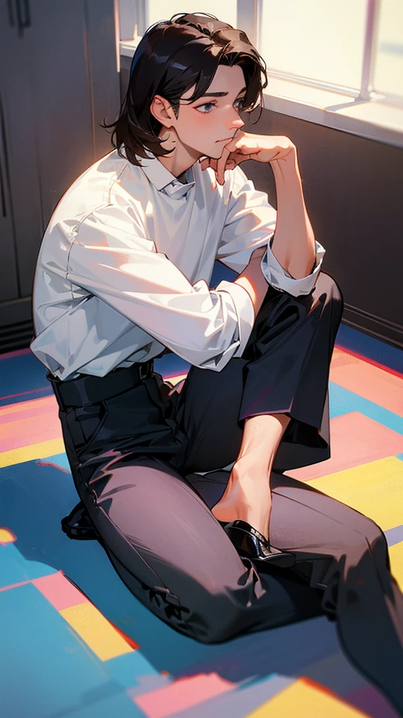Dark-haired man sitting on the floor, white shirt and black pants, 80s