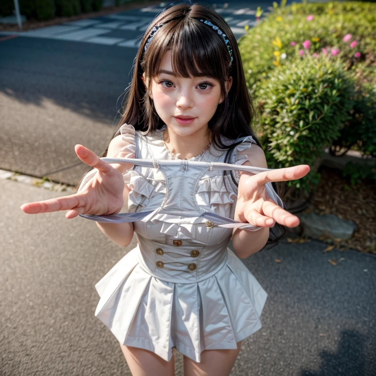 High-level, 8K Masterpiece TopQuality, Ultra-detailed CG, Absurd detailed wallpaper, PerfectLighting, Extremely detailed (((Personifying " WWE " as a KAWAII Girl))), Characteristic Items, aesthetic LifeLike Rendering, MysticSight, 
Haze Tyndall Scattering, (Studio GRAY Background with (Oodles Dazzling RainbowColorParticles (BokeH))), (((Assfocus)) RoundlyButts ThighGap),  (Exposed:0.33) 🔞  BREAK  (Acutance:0.8), (NOGIZAKA FaceVariations) Extremely Detailed very KAWAII FaceVariations, Childish CaptivatingGaze ElaboratePupils Detailed Eyes with (SparklingHighlights:1.28), (Voluminous LongEyelashes:0.88)、Glossy RedLips with beautiful details, CoquettishTongue, RosyCheeks, Radiant PearlSkin with Transparency, Glowing DowneyHair . { (Dynamic LifeLike expressions:1.4) | (:d) }, (large eyes:-1) . BabyLike finger, presentingpanties,panties, holding,holding panties