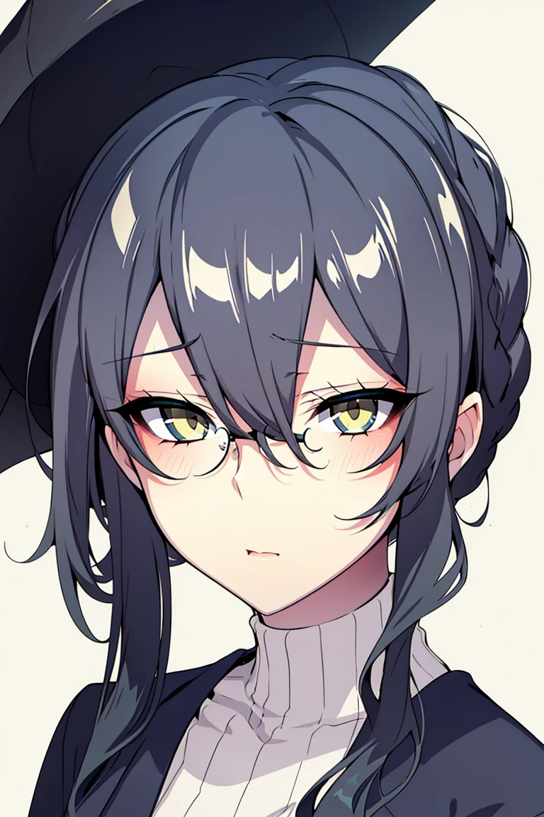 ((4k,masterpiece,best quality)), 1girl, adult, adult woman, solo, black hair with red highlights, yellow eyes, look at viewer, naval uniform, glasses, bags under eyes, tired, medium hair, serious