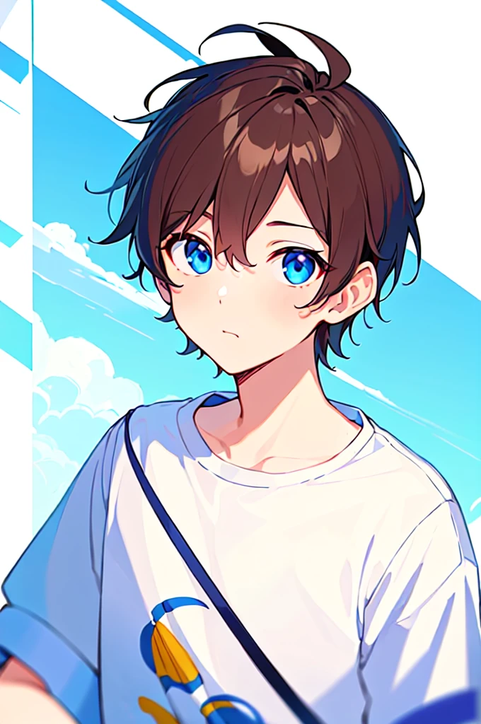 [(WHITE BACKGROUND:1.5),::5], (((masterpiece))), high quality, very_high_resolution, large_filesize, full color, Solo, (1  boy), 13 old's short brown hair), vivid color, Blue eye, summer clothes, upper body, anime style