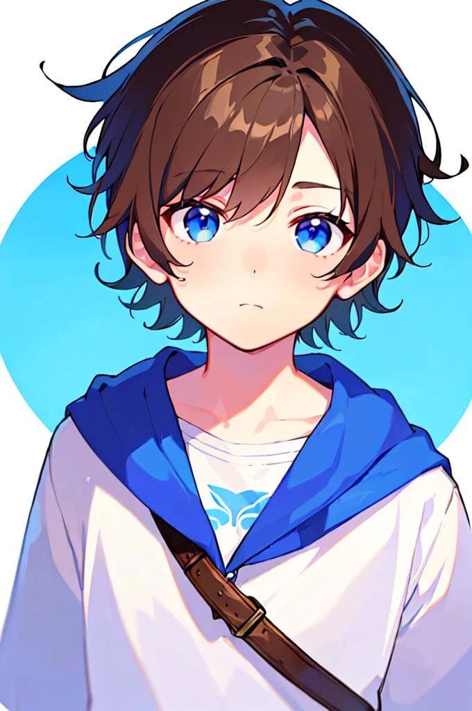 [(WHITE BACKGROUND:1.5),::5], (((masterpiece))), high quality, very_high_resolution, large_filesize, full color, Solo, (1 little boy), 13 old year, (men's short brown hair), vivid color, Blue eye, summer clothes, upper body, anime style