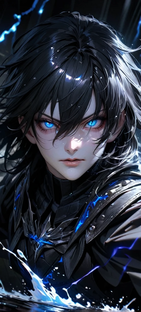  High quality, ultra realistic,absurdres, highres, ultra detailed, HDR, masterpiece, extremely detailed face and eyes,  Sagitarius Seiya, Saint Saiya , Dark Armor, solo, ,man, handsome, ,white eyeleshes, black eyes , villain expresion, black splashing effect, dark black lightning  effect,glowing glitters , symetrical , black aura