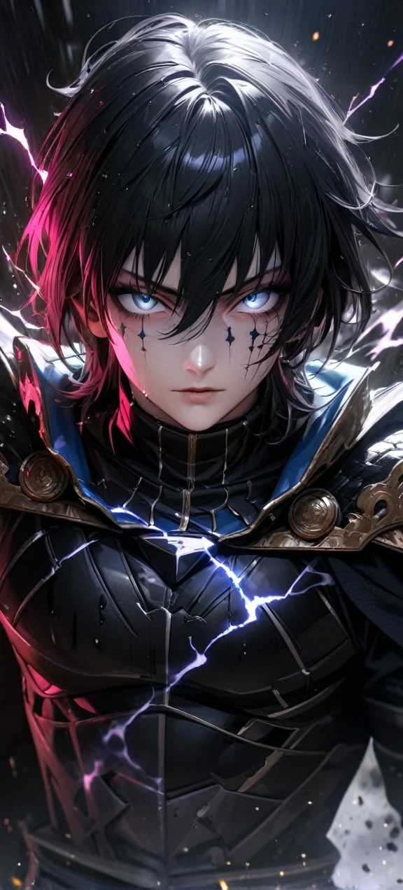  High quality, ultra realistic,absurdres, highres, ultra detailed, HDR, masterpiece, extremely detailed face and eyes,  Sagitarius Seiya, Saint Saiya , Dark Armor, solo, ,man, handsome, ,white eyeleshes, black eyes , villain expresion, black splashing effect, dark black lightning  effect,glowing glitters , symetrical , black aura