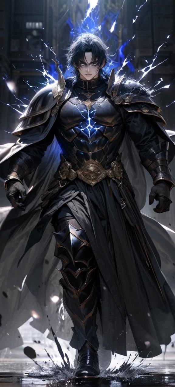  High quality, ultra realistic,absurdres, highres, ultra detailed, HDR, masterpiece, extremely detailed face and eyes,  Sagitarius Seiya, Saint Saiya , Dark Armor, solo, ,man, handsome, ,white eyeleshes, black eyes , villain expresion, black splashing effect, dark black lightning  effect,glowing glitters , symetrical , black aura