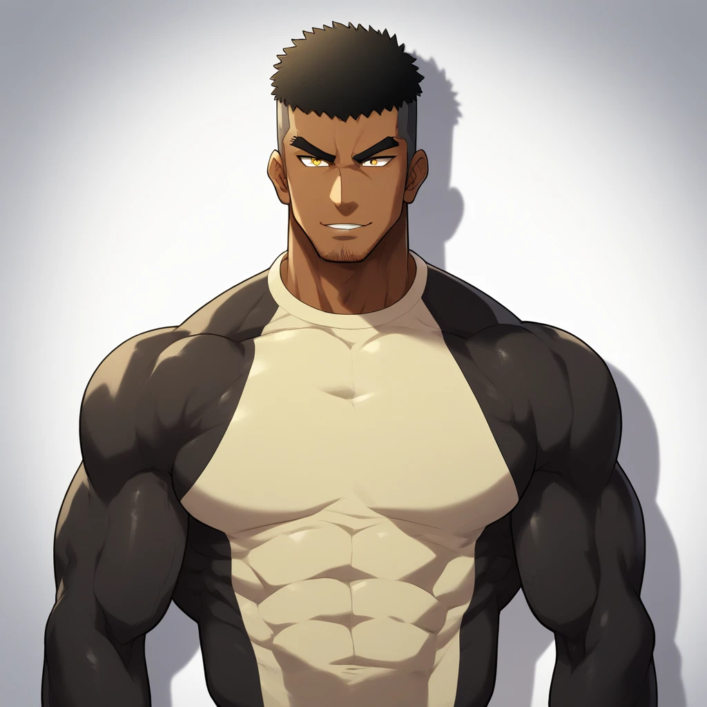 negro, negro, negro, anime characters:Gyee, Muscle Sports Student, negro black skin, 1 muscular tough guy, Manliness, male focus, Dark grey and Yellow long sleeve tights, Very tight, The pectoral muscles are oversized, Slightly transparent, muscular male, muscular, only, Upper body, alone, Black short hair, Thick eyebrows, stubble, Yellow eyes, White background, simple background, amazing quality, best aesthetics, Ridiculous, bright pupils, crew cut, parted lips, seductive smile, torogao, naughty face, drop shadow, best quality