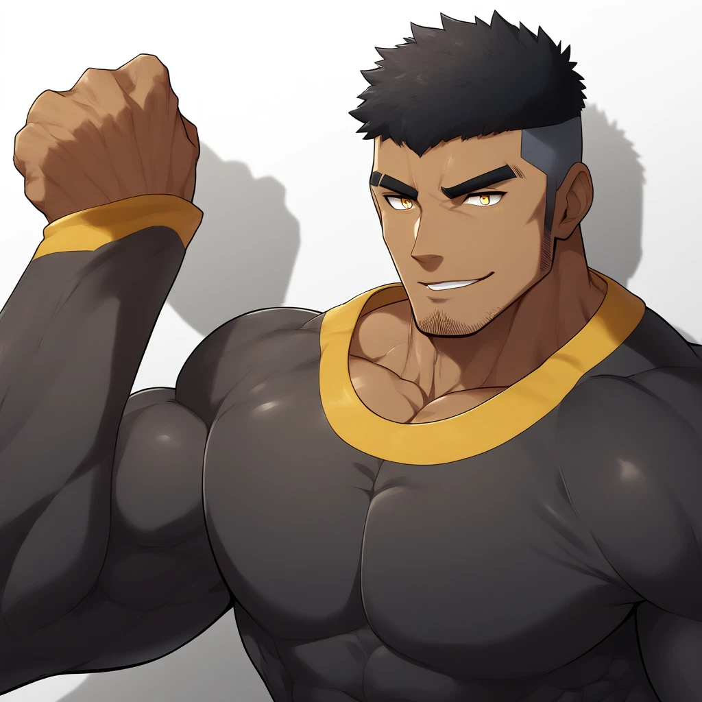 negro, negro, negro, anime characters:Gyee, Muscle Sports Student, negro black skin, 1 muscular tough guy, Manliness, male focus, Dark grey and Yellow long sleeve tights, Very tight, The pectoral muscles are oversized, Slightly transparent, muscular male, muscular, only, Upper body, alone, Black short hair, Thick eyebrows, stubble, Yellow eyes, White background, simple background, amazing quality, best aesthetics, Ridiculous, bright pupils, crew cut, parted lips, seductive smile, torogao, naughty face, drop shadow, best quality