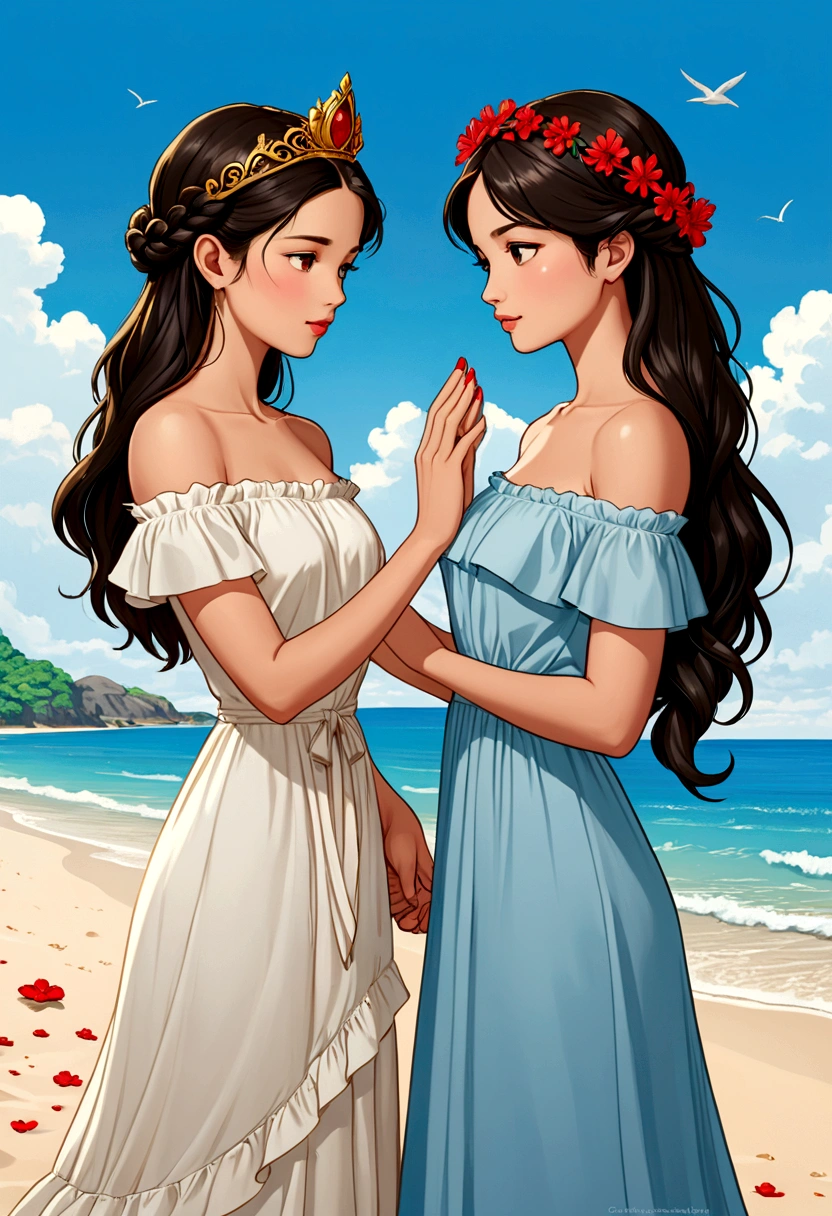 name "The Loyal Pin (Sarocha Chankimha & Rebeca Armstrong) in an elegant and dynamic 3D metallic gold font and create an idyllic manga illustration style image of two beautiful women in love on a beach, one is a beautiful British woman with semi-long hair light brown color and is dressed in a simple long light blue dress and is wearing simple light sandals and is delicately kissing the hand of the other beautiful woman with delicate Thai features, dark hair tied in a braid, carrying in her She wears a delicate crown of red flowers on her head and is dressed in a simple, loose, long, off-the-shoulder white dress with a small ruffle at the edge. She is wearing low sandals and is looking at the other woman with adoration and tenderness. The atmosphere exudes intimacy and a lot of love. between them.
At the bottom of the image it reads "@SusyFandi"
