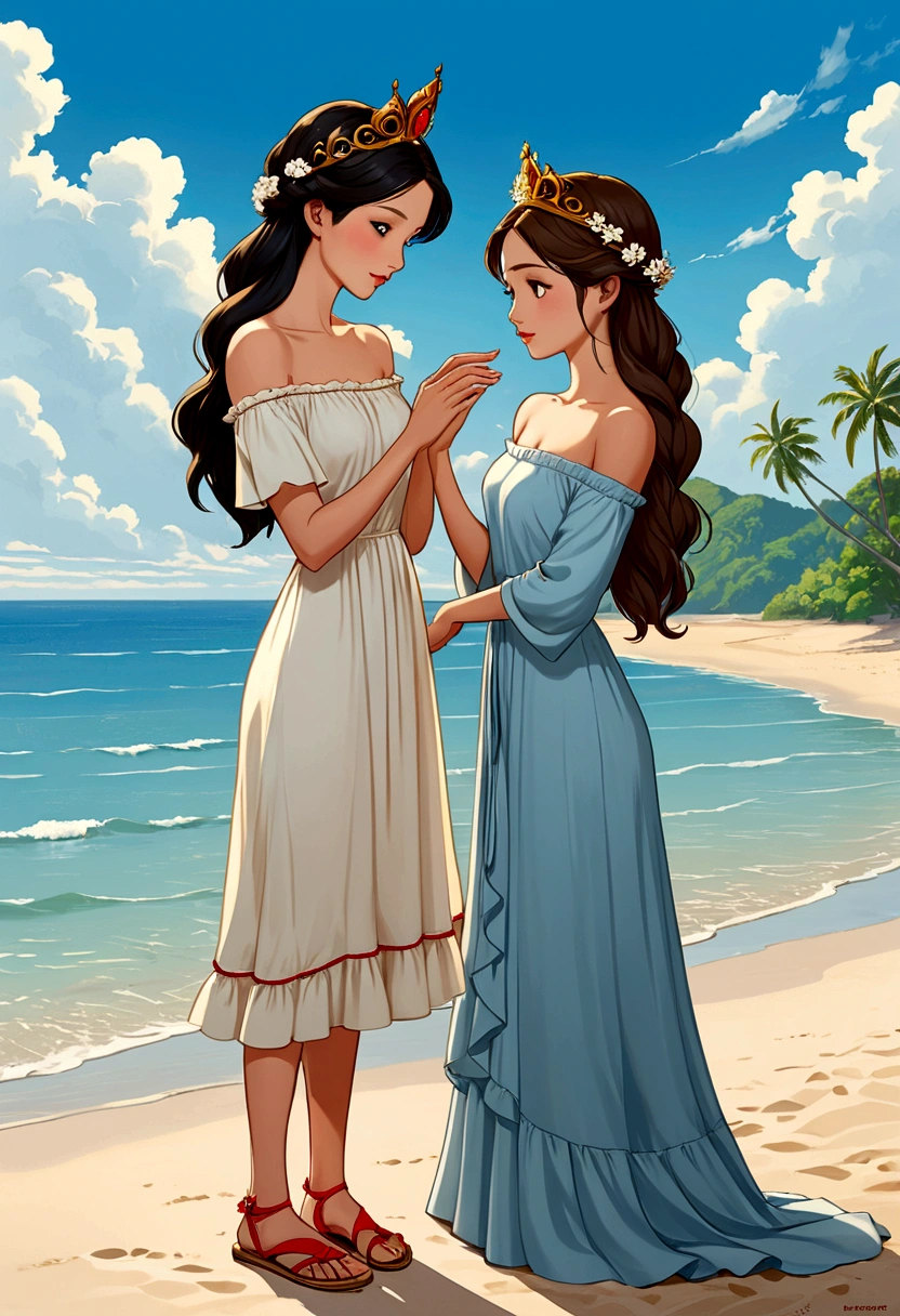 name "The Loyal Pin (Sarocha Chankimha & Rebeca Armstrong) in an elegant and dynamic 3D metallic gold font and create an idyllic manga illustration style image of two beautiful women in love on a beach, one is a beautiful British woman with semi-long hair light brown color and is dressed in a simple long light blue dress and is wearing simple light sandals and is delicately kissing the hand of the other beautiful woman with delicate Thai features, dark hair tied in a braid, carrying in her She wears a delicate crown of red flowers on her head and is dressed in a simple, loose, long, off-the-shoulder white dress with a small ruffle at the edge. She is wearing low sandals and is looking at the other woman with adoration and tenderness. The atmosphere exudes intimacy and a lot of love. between them.
At the bottom of the image it reads "@SusyFandi"