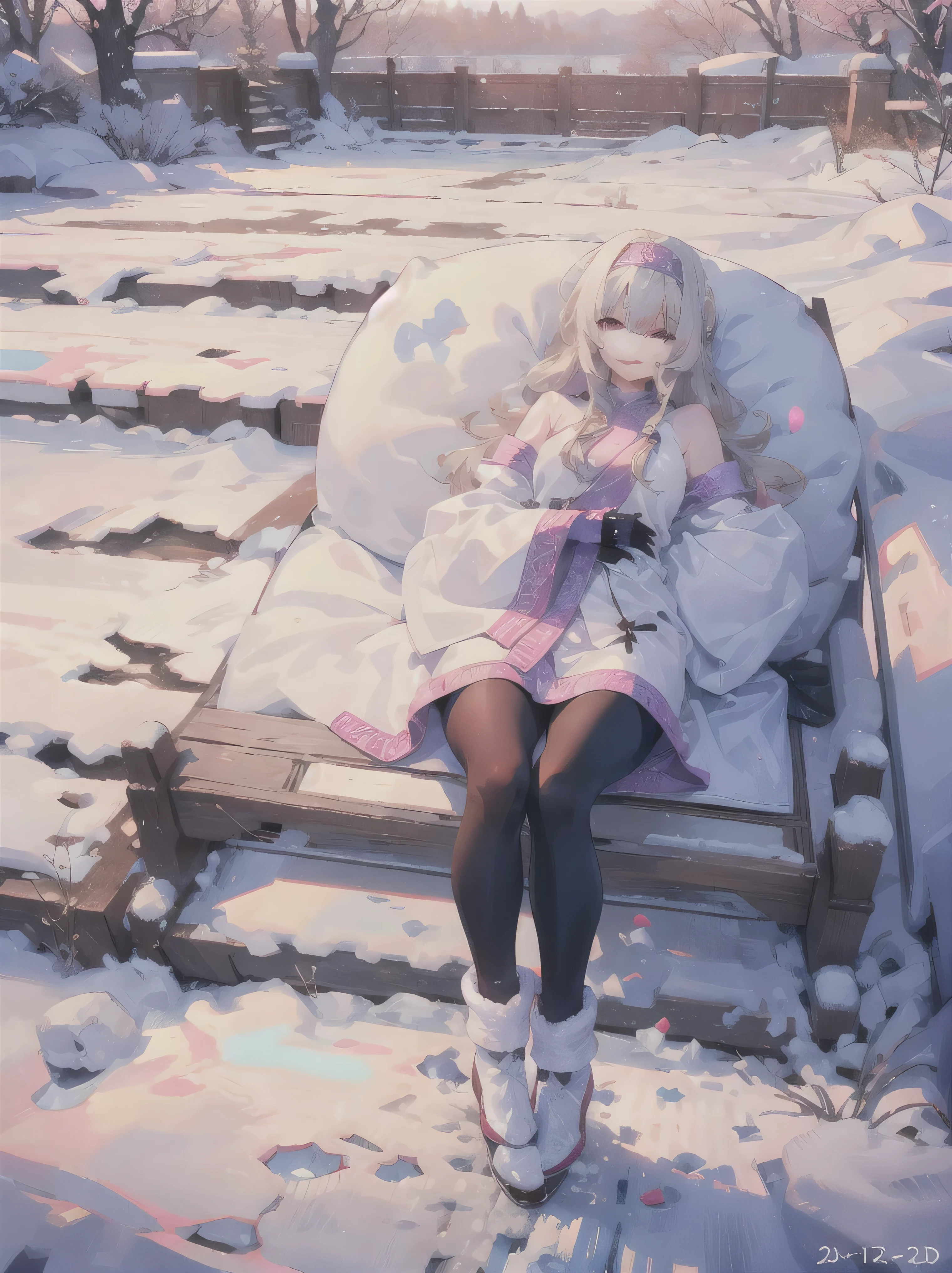 Uhd, absurdres, 5k, masterpiece, best quality, 1girl, alone, solo, sitonai, platinum blonde hair, ainu clothes, long sleeves, fingerless gloves, wide sleeves, off shoulders, black leggings, blush, light smile, outside, playing in the snow, winter