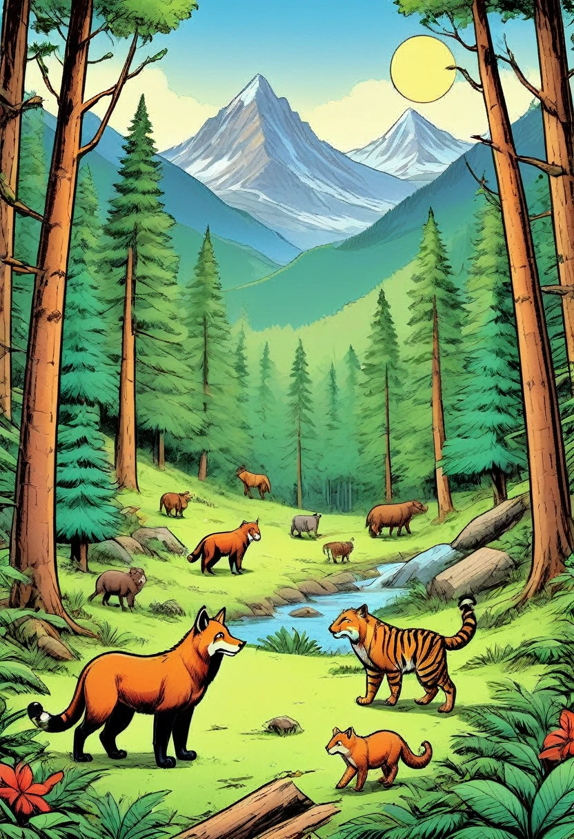 Comic Book, animals, in the forest, trees, mountain,