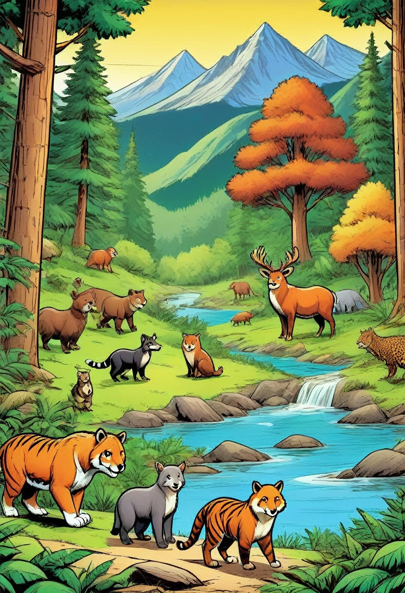 Comic Book, animals, in the forest, trees, mountain,