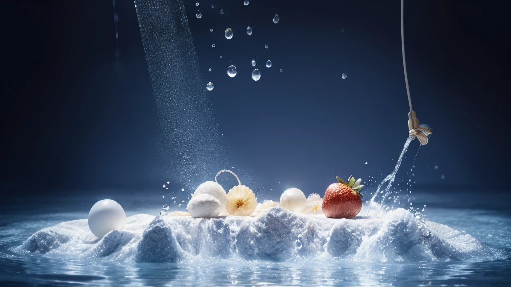 Summer Dream，The faucet washes the fruit in the sink，Dreamy lighting，The scattered water drops float in the air and sparkle in the sun，HD，Details，Best quality