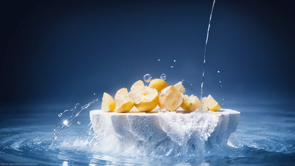 Summer Dream，The faucet washes the fruit in the sink，Dreamy lighting，The scattered water drops float in the air and sparkle in the sun，HD，Details，Best quality