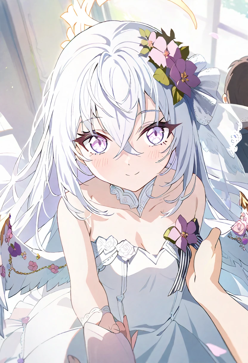 azusa \(blue archive\),1girl 1other alternate_costume angel_wings bare_shoulders blush bouquet breasts bridal_veil bride cleavage closed_mouth collarbone dress feathered_wings flower hair_between_eyes halo holding holding_bouquet jewelry long_hair looking_at_viewer medium_breasts necklace out_of_frame pink_flower pink_rose pov pov_hands purple_eyes rose solo_focus strapless strapless_dress veil very_long_hair wedding_dress white_dress white_flower white_hair white_rose white_wings wings small_breasts smile