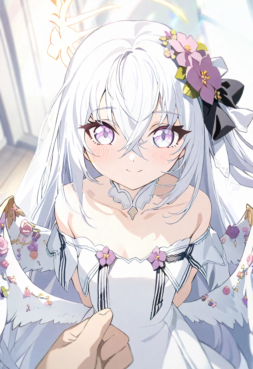 azusa \(blue archive\),1girl 1other alternate_costume angel_wings bare_shoulders blush bouquet breasts bridal_veil bride cleavage closed_mouth collarbone dress feathered_wings flower hair_between_eyes halo holding holding_bouquet jewelry long_hair looking_at_viewer medium_breasts necklace out_of_frame pink_flower pink_rose pov pov_hands purple_eyes rose solo_focus strapless strapless_dress veil very_long_hair wedding_dress white_dress white_flower white_hair white_rose white_wings wings small_breasts smile
