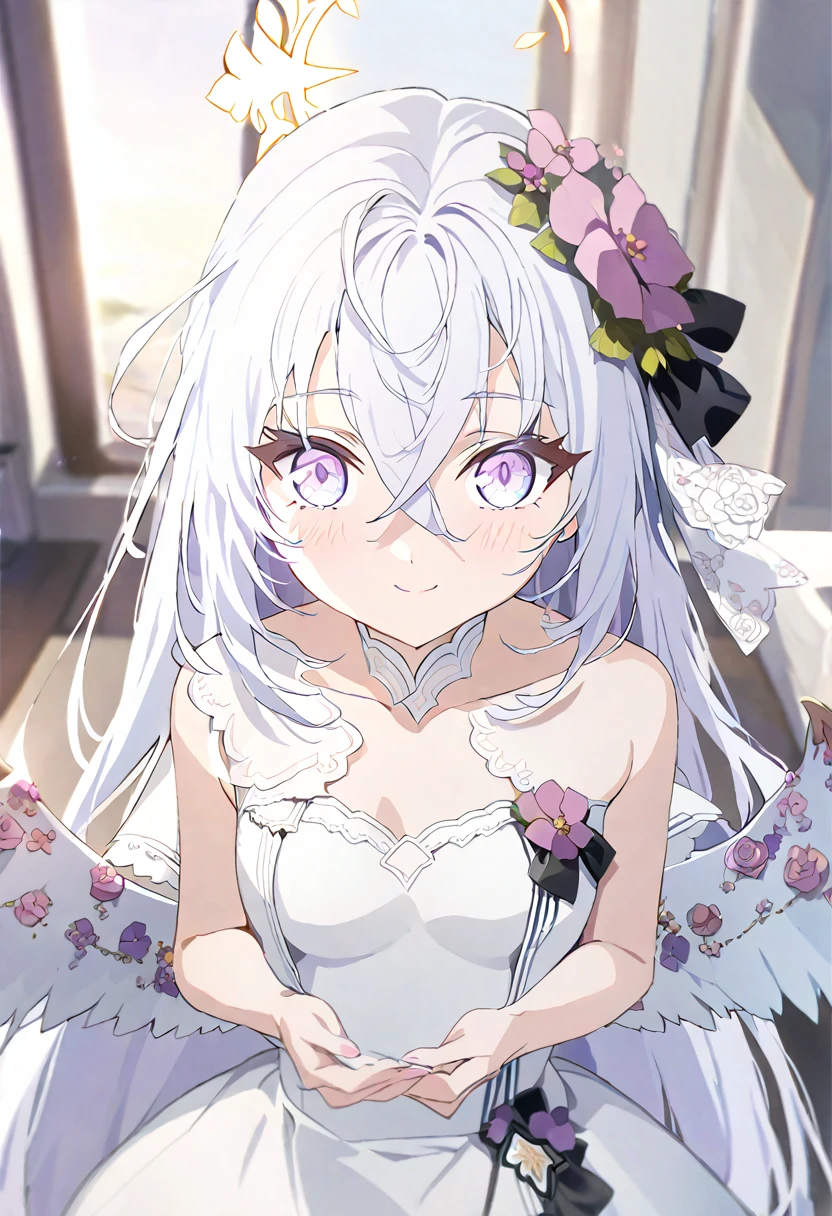 azusa \(blue archive\),1girl 1other alternate_costume angel_wings bare_shoulders blush bouquet breasts bridal_veil bride cleavage closed_mouth collarbone dress feathered_wings flower hair_between_eyes halo holding holding_bouquet jewelry long_hair looking_at_viewer medium_breasts necklace out_of_frame pink_flower pink_rose pov pov_hands purple_eyes rose solo_focus strapless strapless_dress veil very_long_hair wedding_dress white_dress white_flower white_hair white_rose white_wings wings small_breasts smile