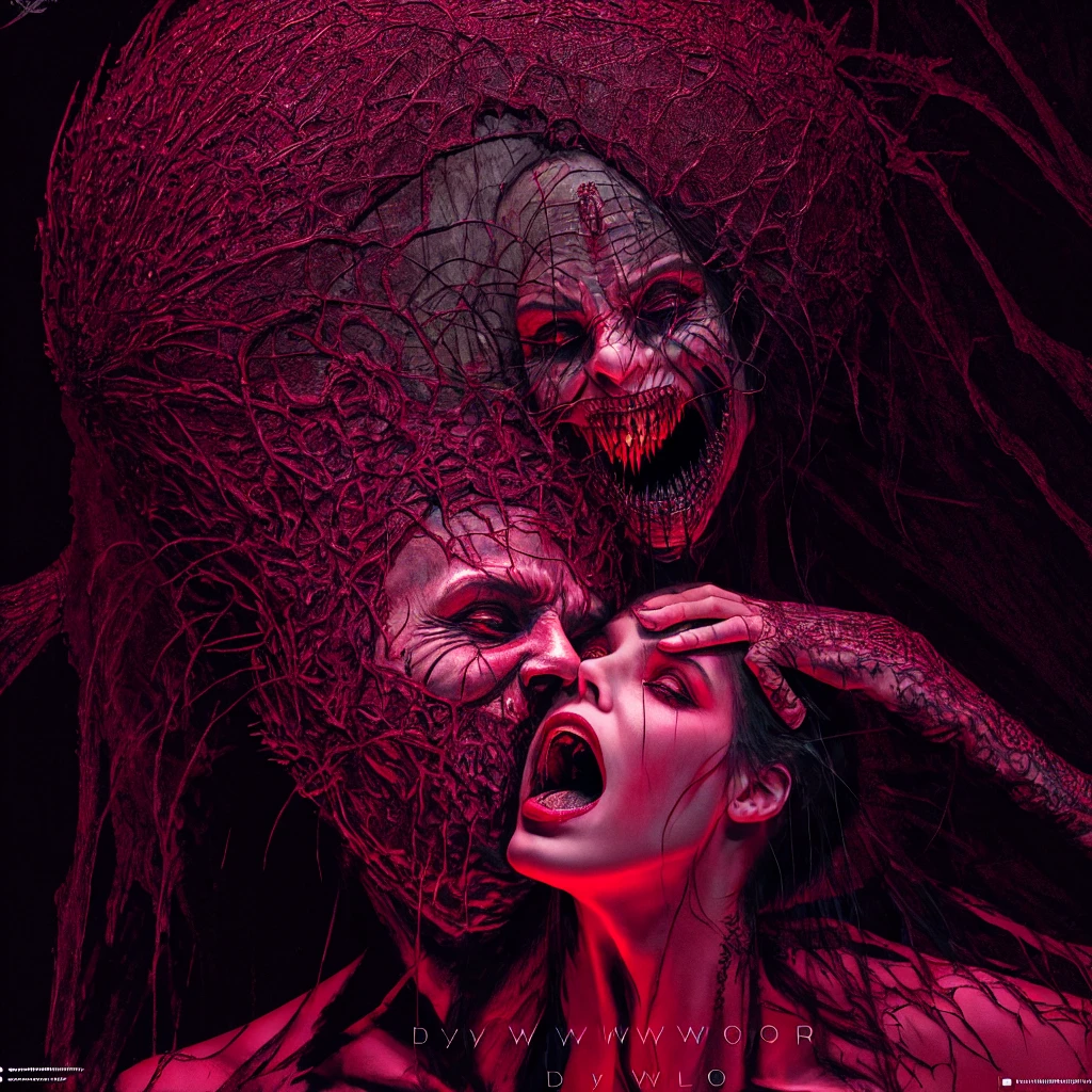 a sinister zombie with exposed wounds on the body and face, sinister and yellow eyes.